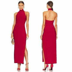 Norma Kamali Halter Turtleneck Side Slit Gown in Red